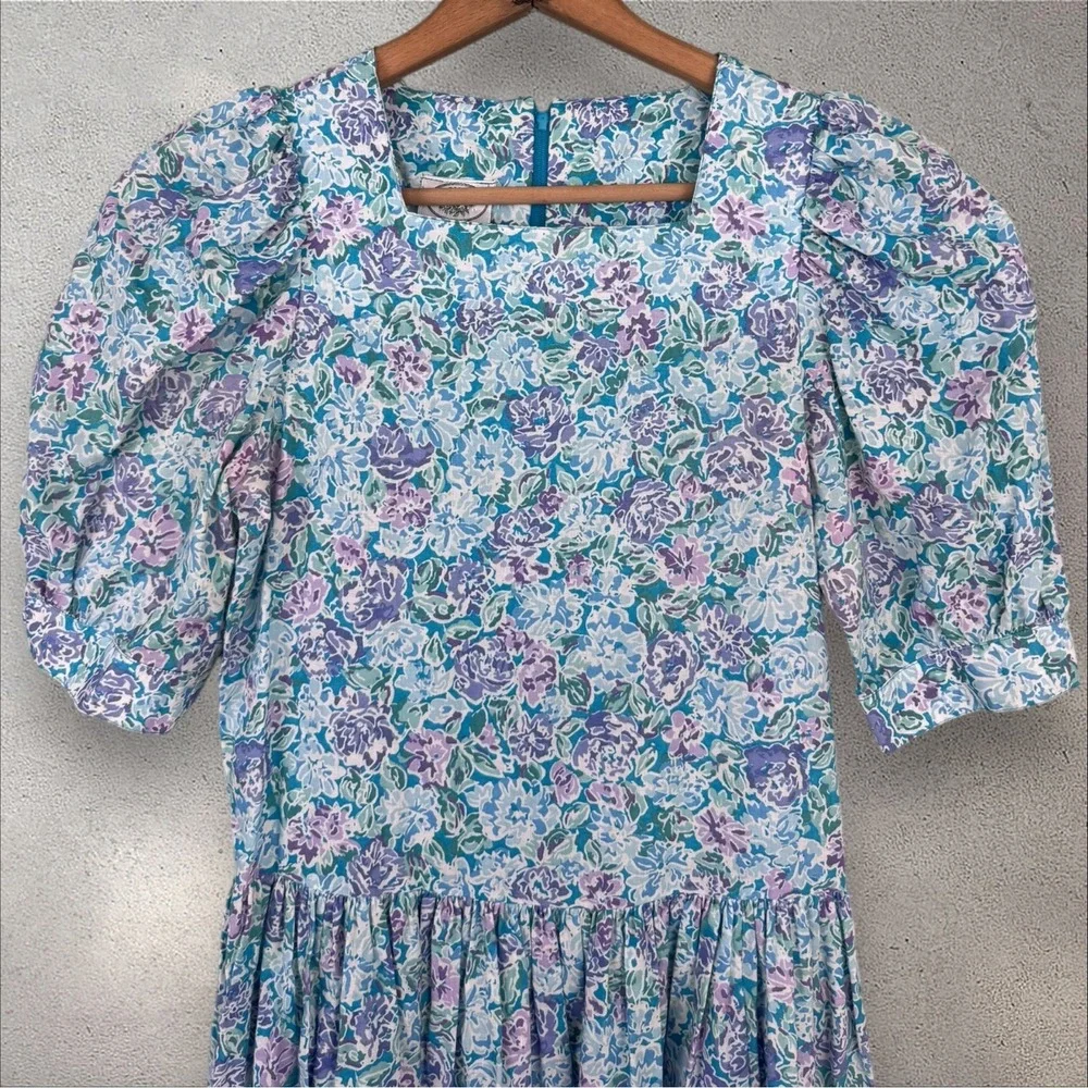 Vtg LAURA ASHLEY Floral Puff Sleeve Square Neck Cotton Cottagecore Dress Sz US 6 - Picture 3 of 8